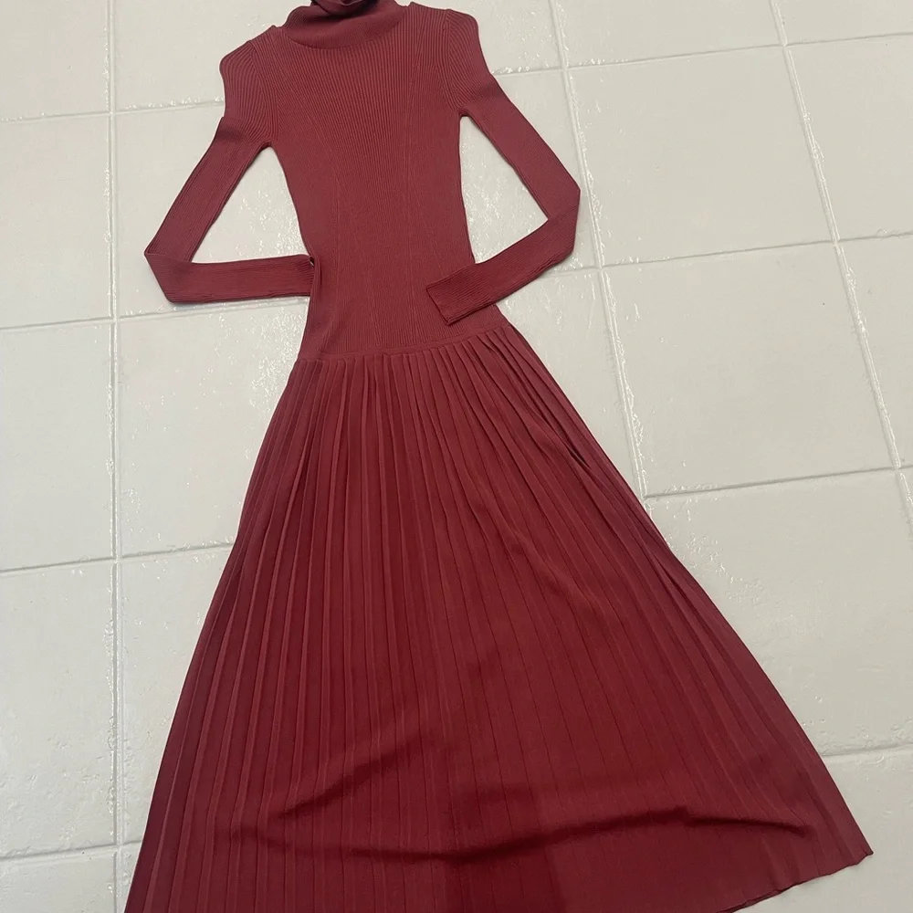 Zara Burgundy Long-Sleeve Pleated Dress - Picture 7 of 7